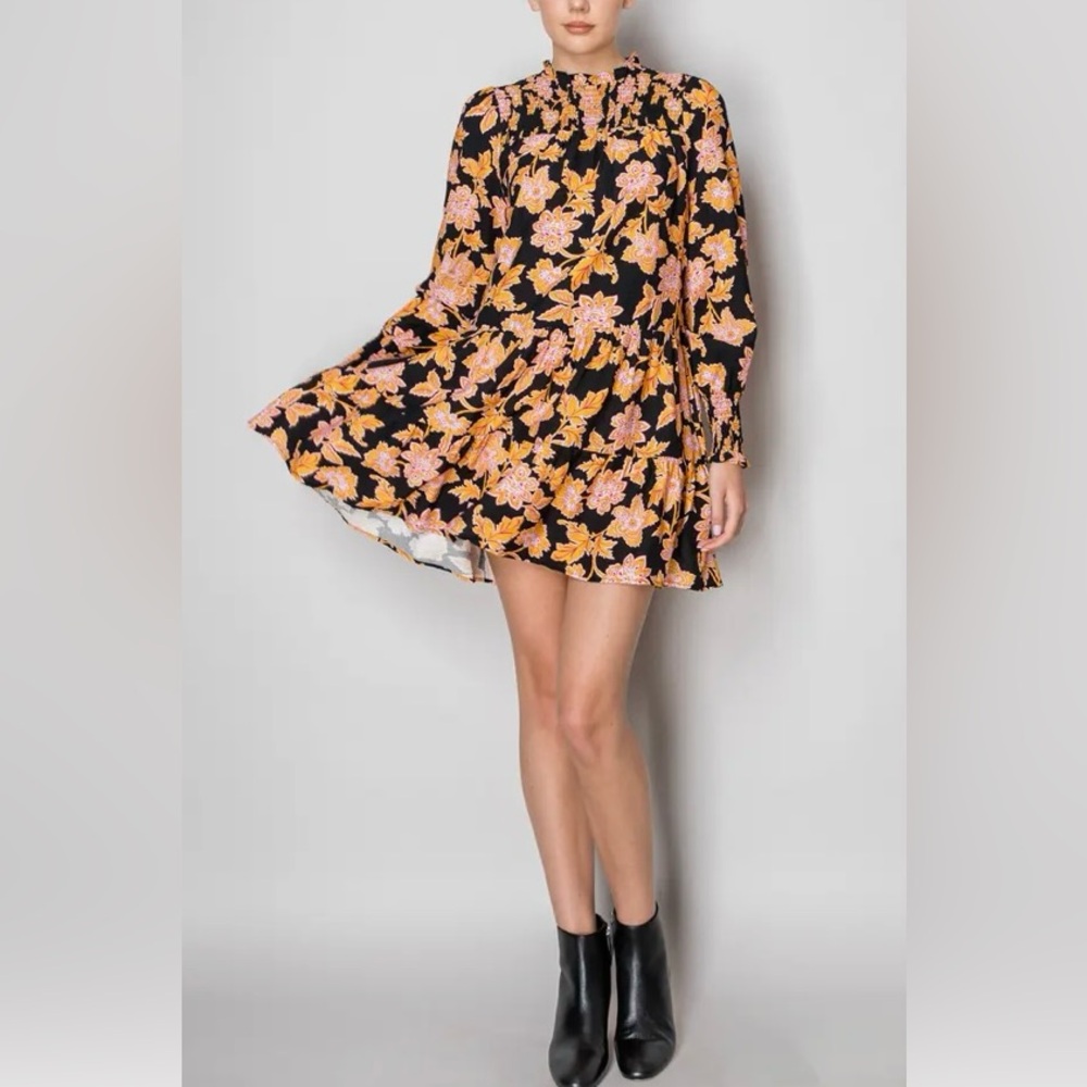Nordstrom MELLODAY Mock Neck Long Sleeve Tiered Bohemian Boho Floral Dre…